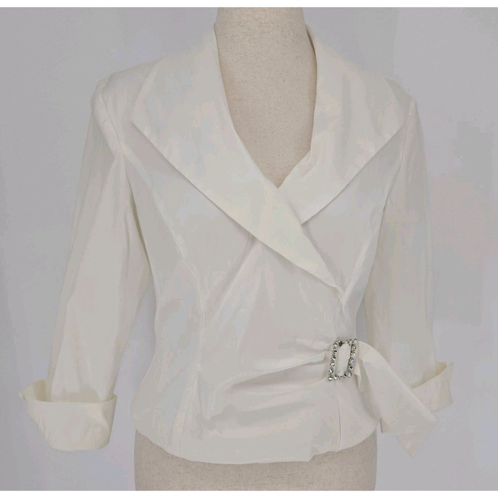 Vintage J.R. Nites Caliendo Ivory Sheer Evening Jacket Rhinestone Buckle Size 12